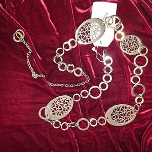 Silver Tone Oval Filigree Chain Belt Adjustable Lobster Clasp Statement Belt